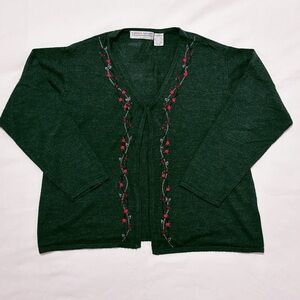 Carolyn Taylor Forest Green Cardigan with Red Floral Embroidery